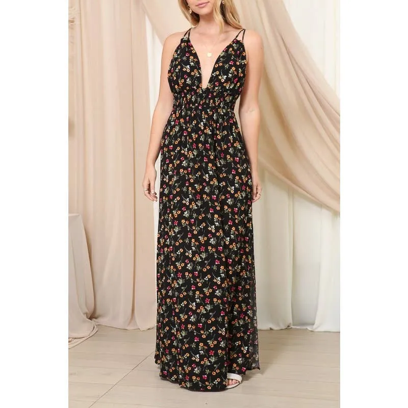Women's Open Back Black Floral Maxi Dress
