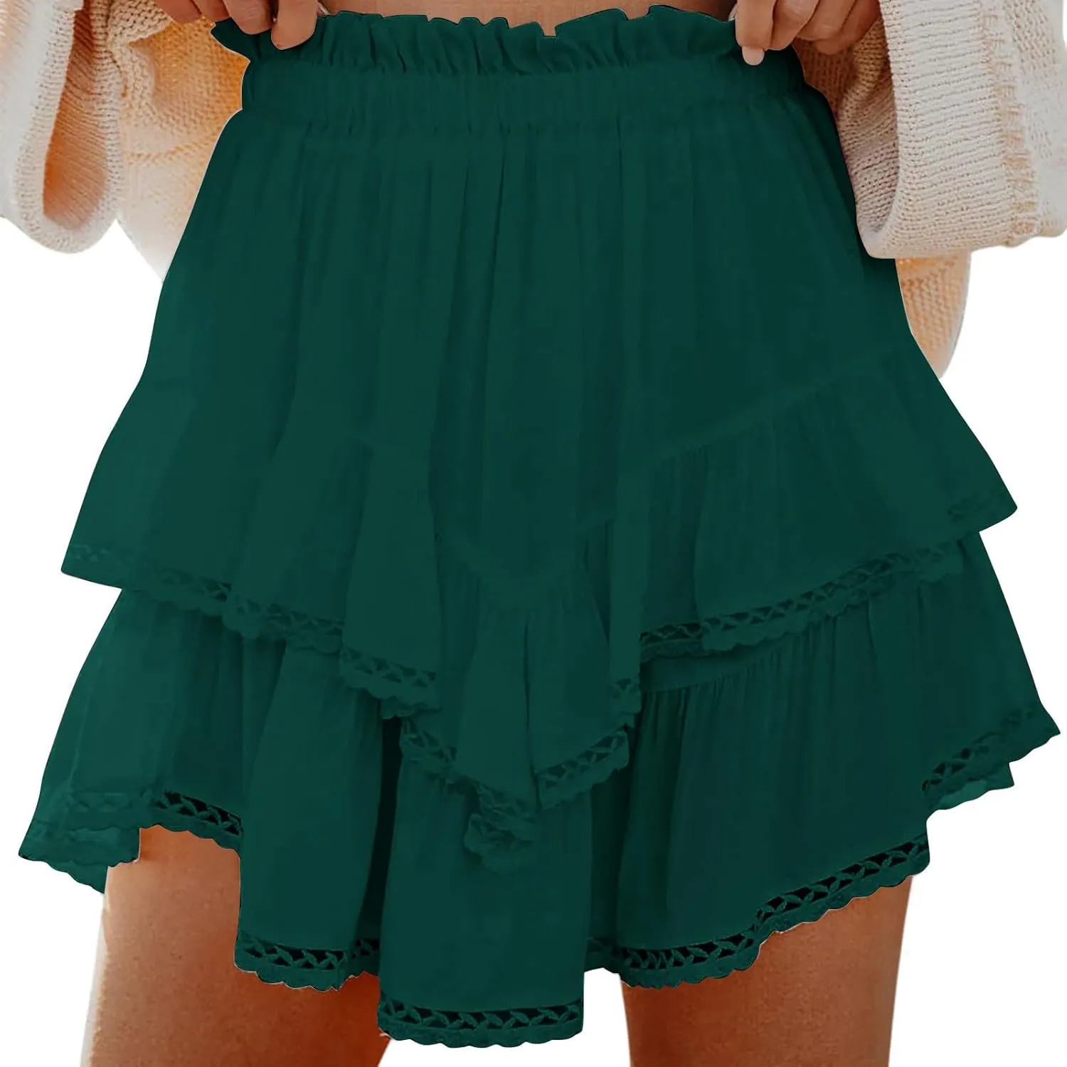Women's Ruched Tiered Mini Skirt, Summer Boho Beach Casual Flowy Skirts Fashion High Waist Golf Tennis Shorts