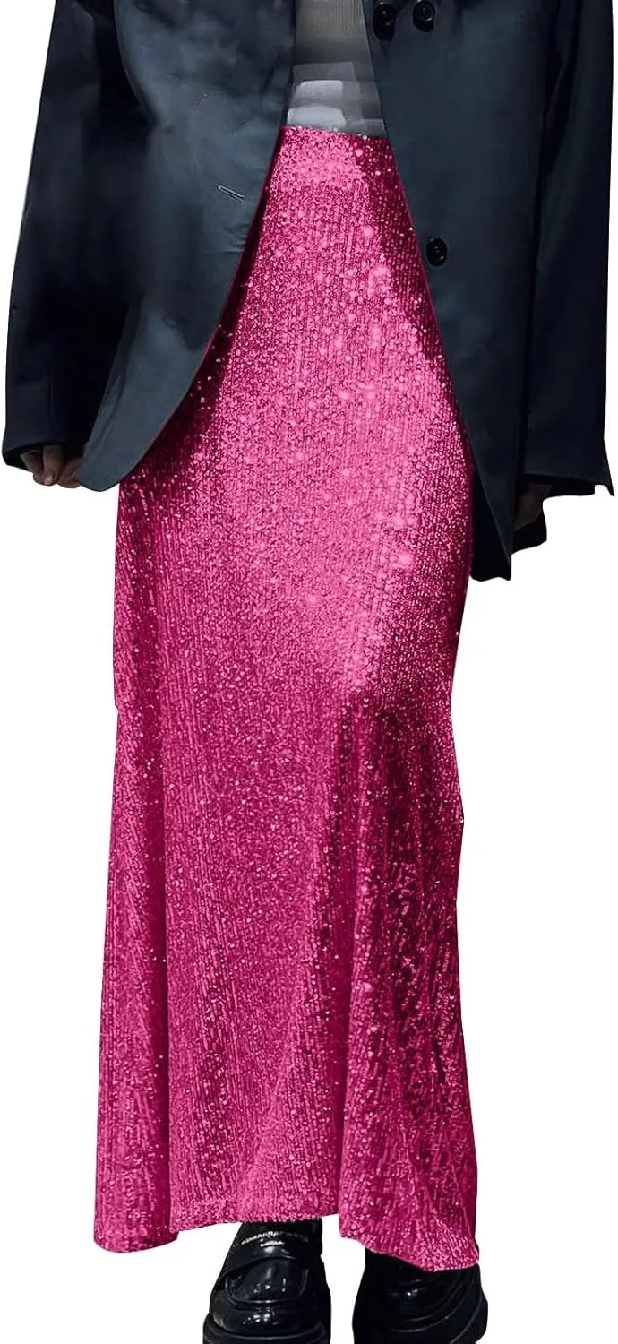 Women's Sequin Midi Skirt Sparkly Glitter Casual Half Body Skirt Sparkly A Line Swing Midi Skirt Red Sparkly Skirt