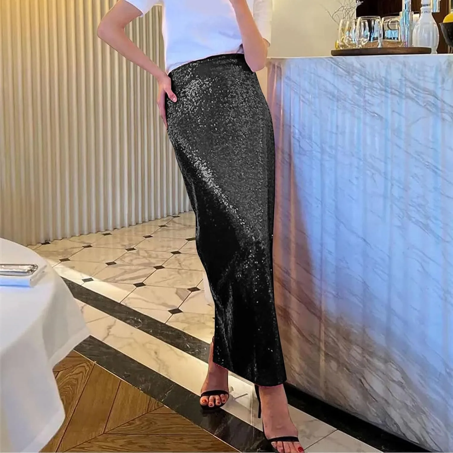 Women's Sequin Midi Skirt Sparkly Glitter Casual Half Body Skirt Sparkly A Line Swing Midi Skirt Red Sparkly Skirt