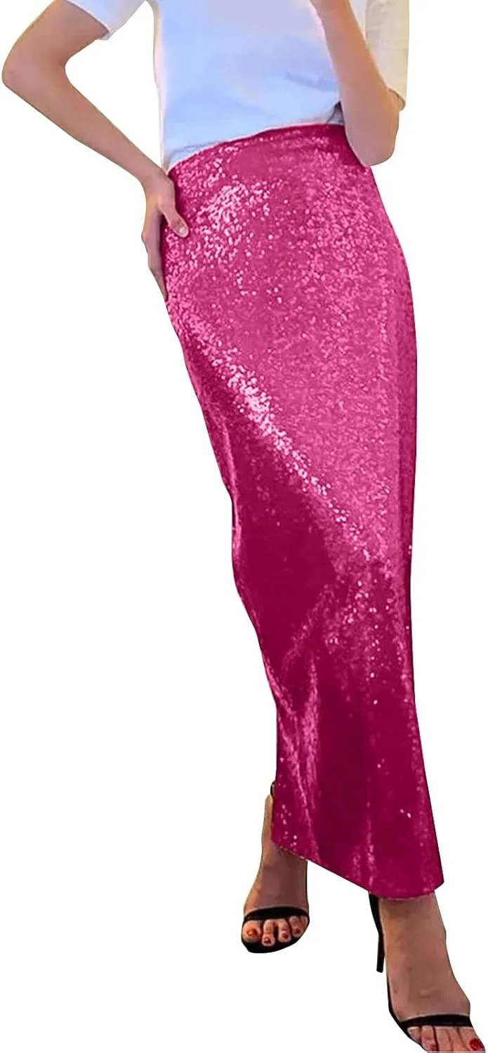 Women's Sequin Midi Skirt Sparkly Glitter Casual Half Body Skirt Sparkly A Line Swing Midi Skirt Red Sparkly Skirt