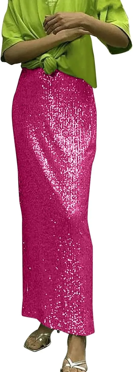 Women's Sequin Midi Skirt Sparkly Glitter Casual Half Body Skirt Sparkly A Line Swing Midi Skirt Red Sparkly Skirt