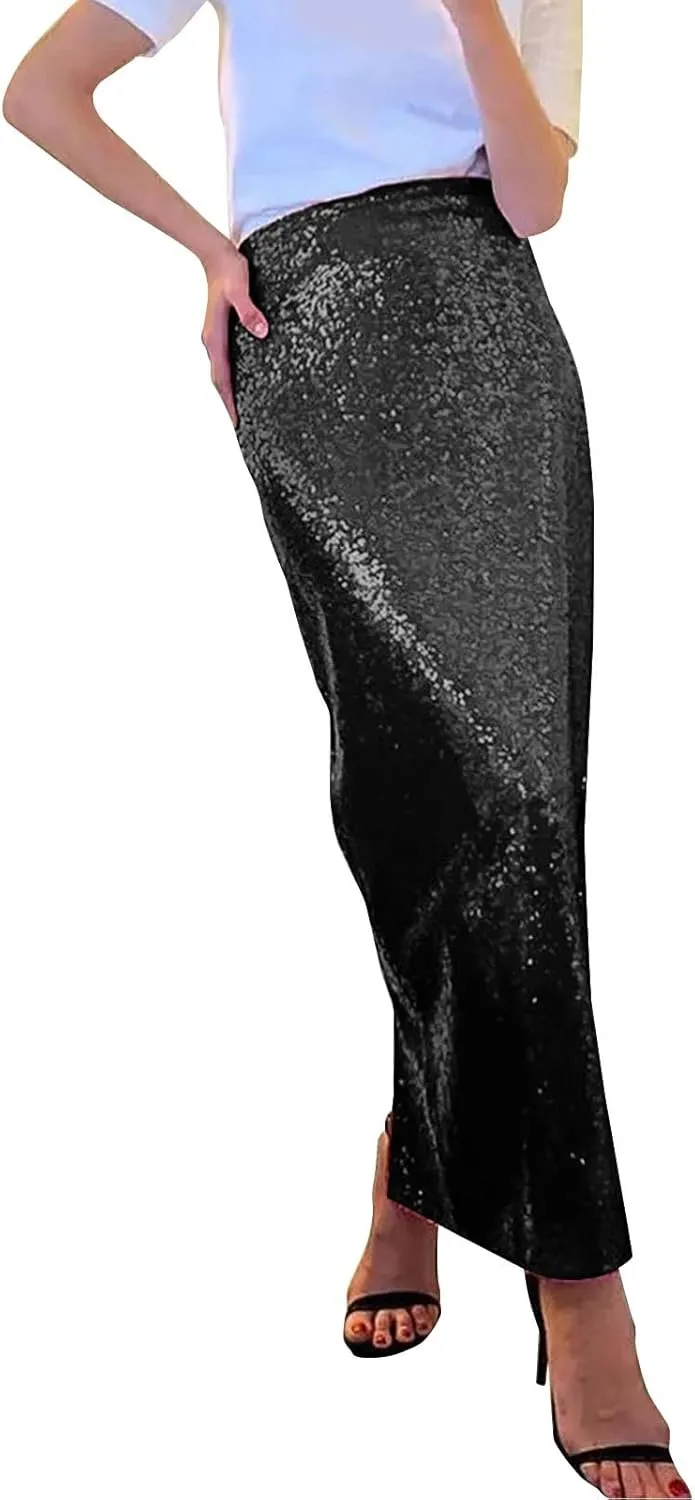 Women's Sequin Midi Skirt Sparkly Glitter Casual Half Body Skirt Sparkly A Line Swing Midi Skirt Red Sparkly Skirt