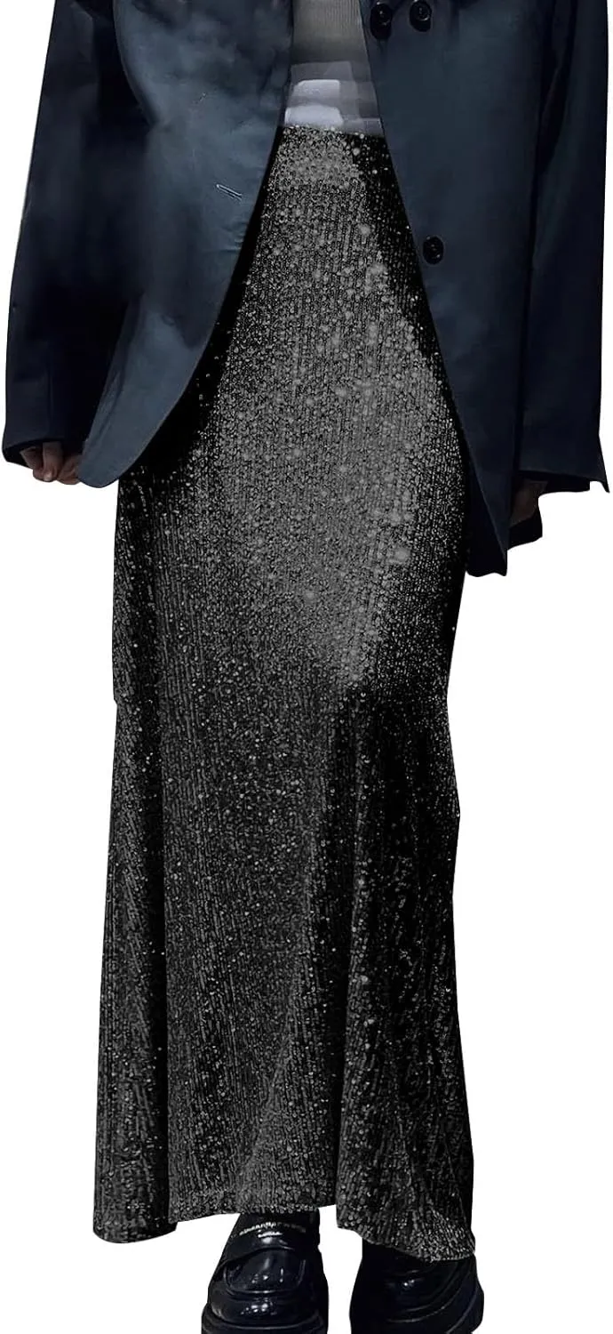 Women's Sequin Midi Skirt Sparkly Glitter Casual Half Body Skirt Sparkly A Line Swing Midi Skirt Red Sparkly Skirt