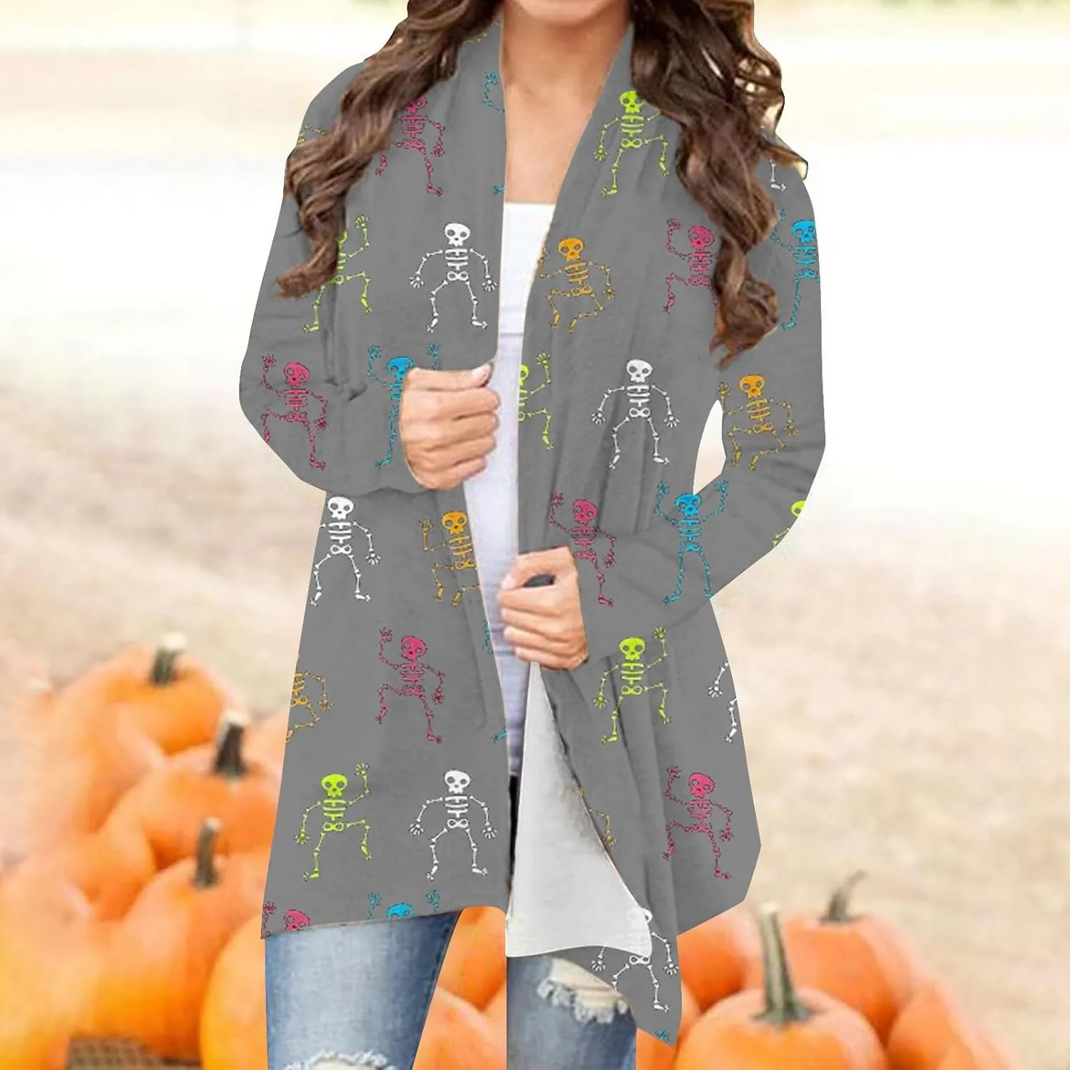 Womens Skull Print Sweater Cardigan Lightweight Soft Knit Cardigan Sweater Chunky Cardigan Batwing Long Sleeve Coat