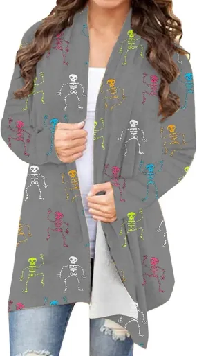 Womens Skull Print Sweater Cardigan Lightweight Soft Knit Cardigan Sweater Chunky Cardigan Batwing Long Sleeve Coat