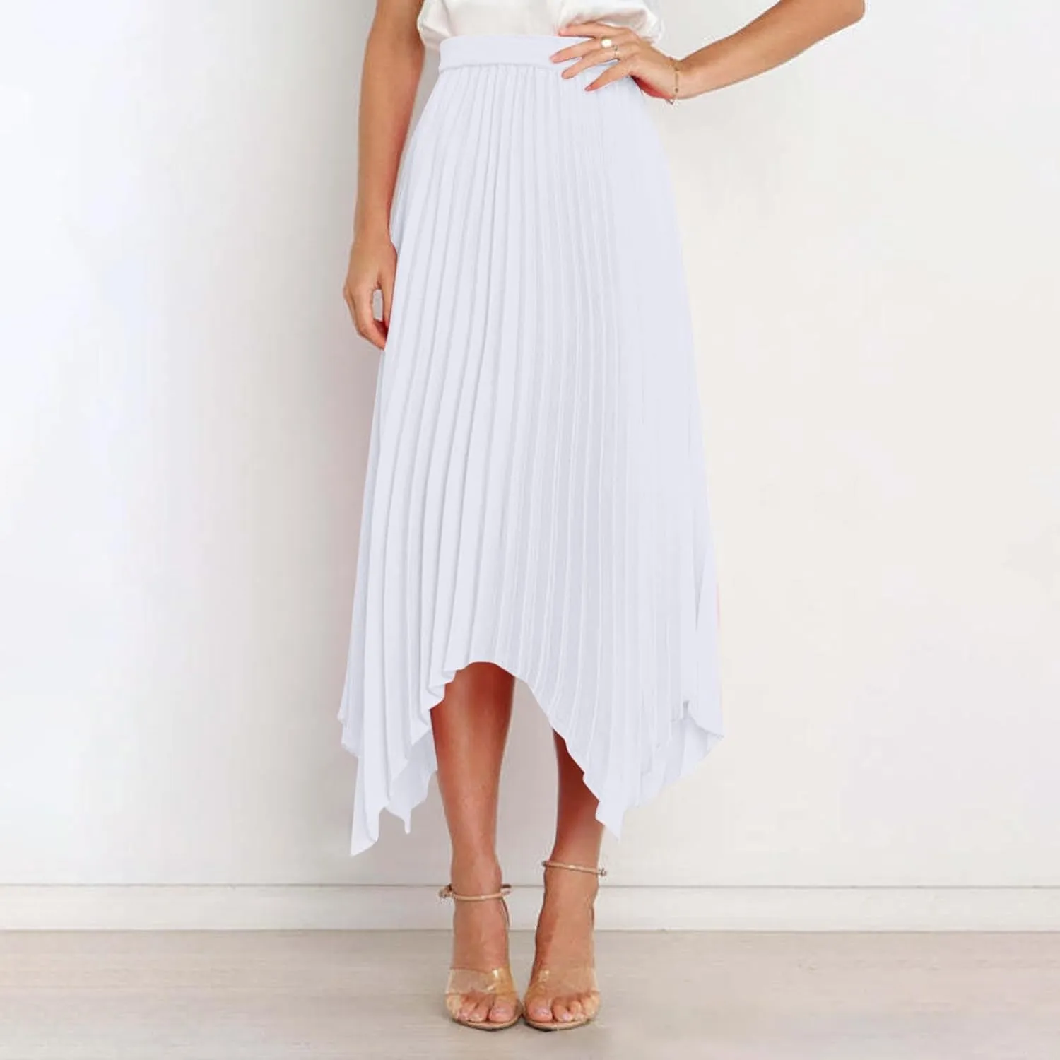 Women's Solid Color High Waisted Midi Skirt, Ruched Casual Irregular Hem Trendy Clothes Summer Going Out Casual Skirts