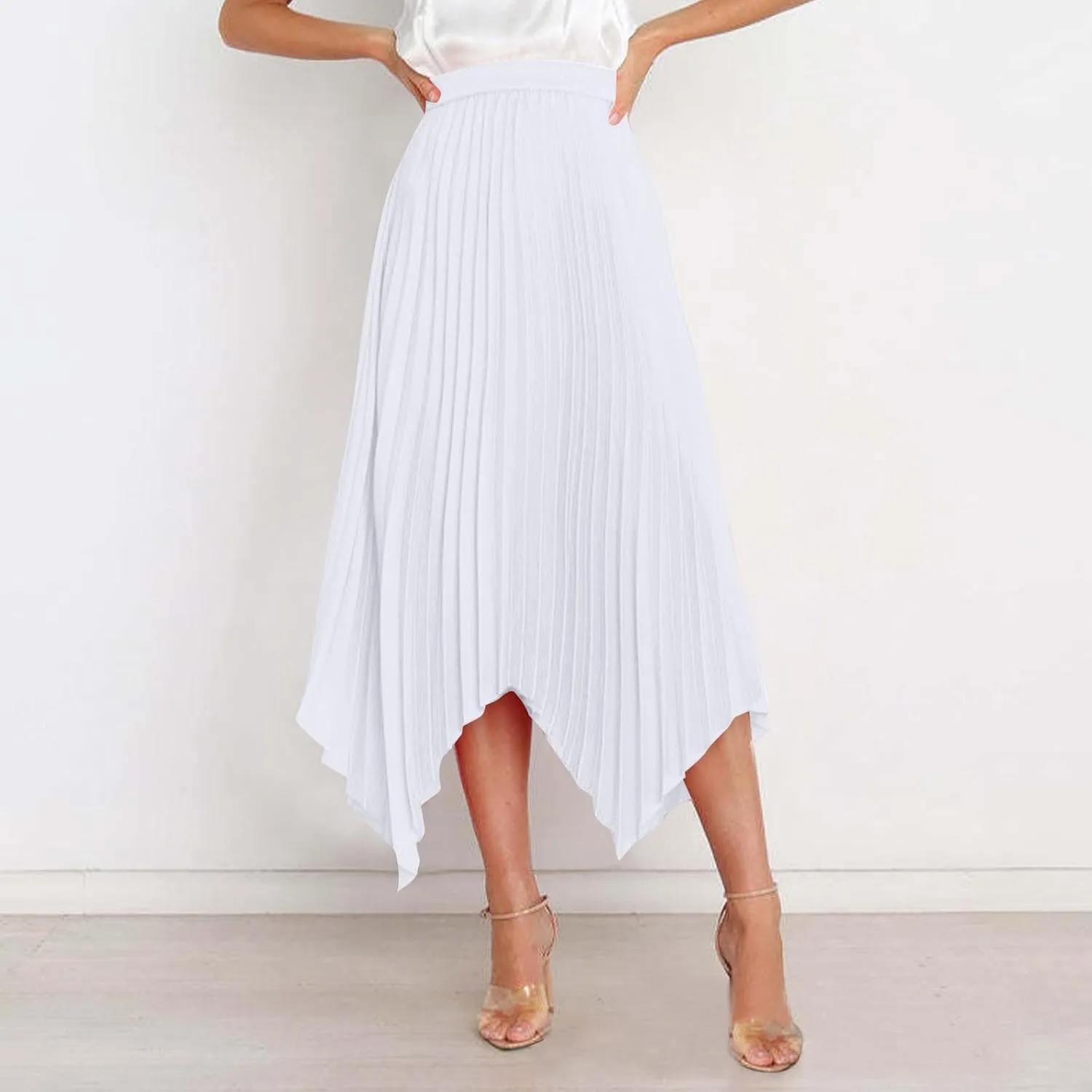 Women's Solid Color High Waisted Midi Skirt, Ruched Casual Irregular Hem Trendy Clothes Summer Going Out Casual Skirts