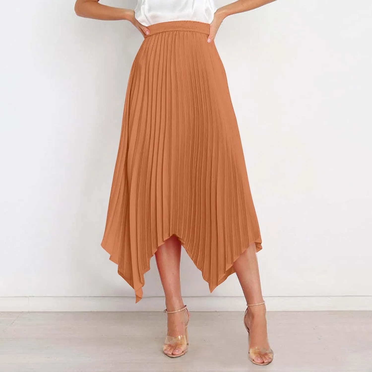 Women's Solid Color High Waisted Midi Skirt, Ruched Casual Irregular Hem Trendy Clothes Summer Going Out Casual Skirts
