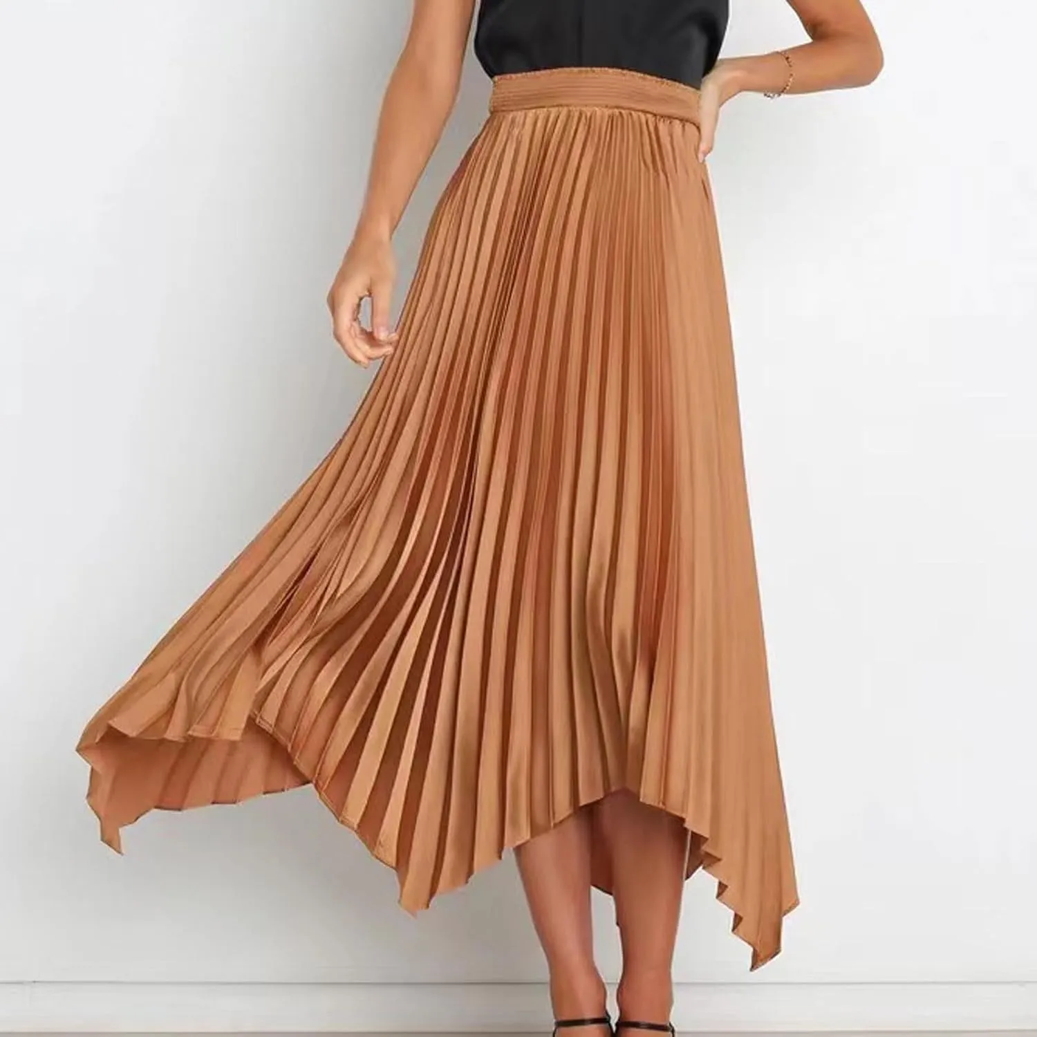 Women's Solid Color High Waisted Midi Skirt, Ruched Casual Irregular Hem Trendy Clothes Summer Going Out Casual Skirts