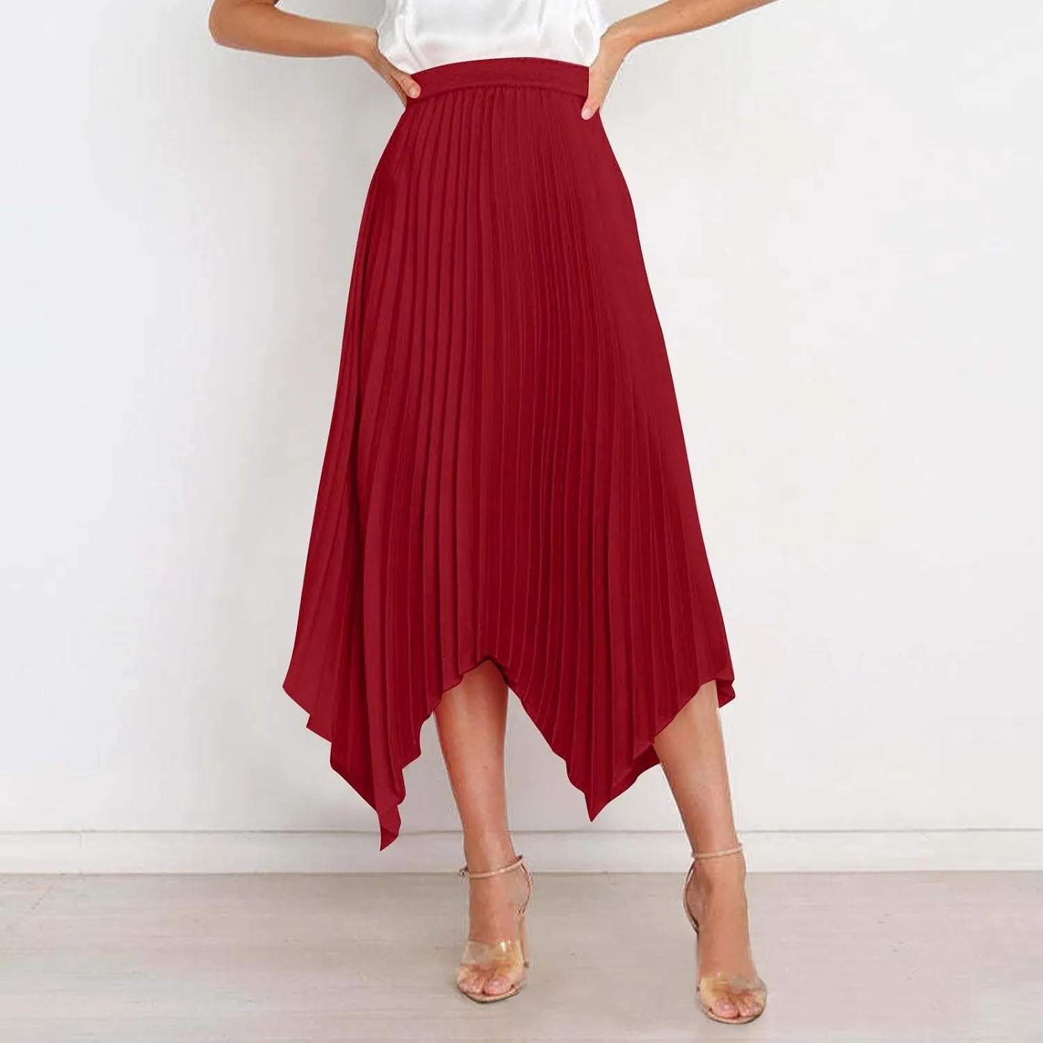 Women's Solid Color High Waisted Midi Skirt, Ruched Casual Irregular Hem Trendy Clothes Summer Going Out Casual Skirts