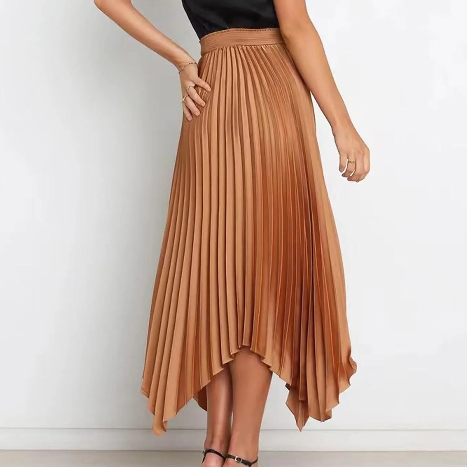 Women's Solid Color High Waisted Midi Skirt, Ruched Casual Irregular Hem Trendy Clothes Summer Going Out Casual Skirts