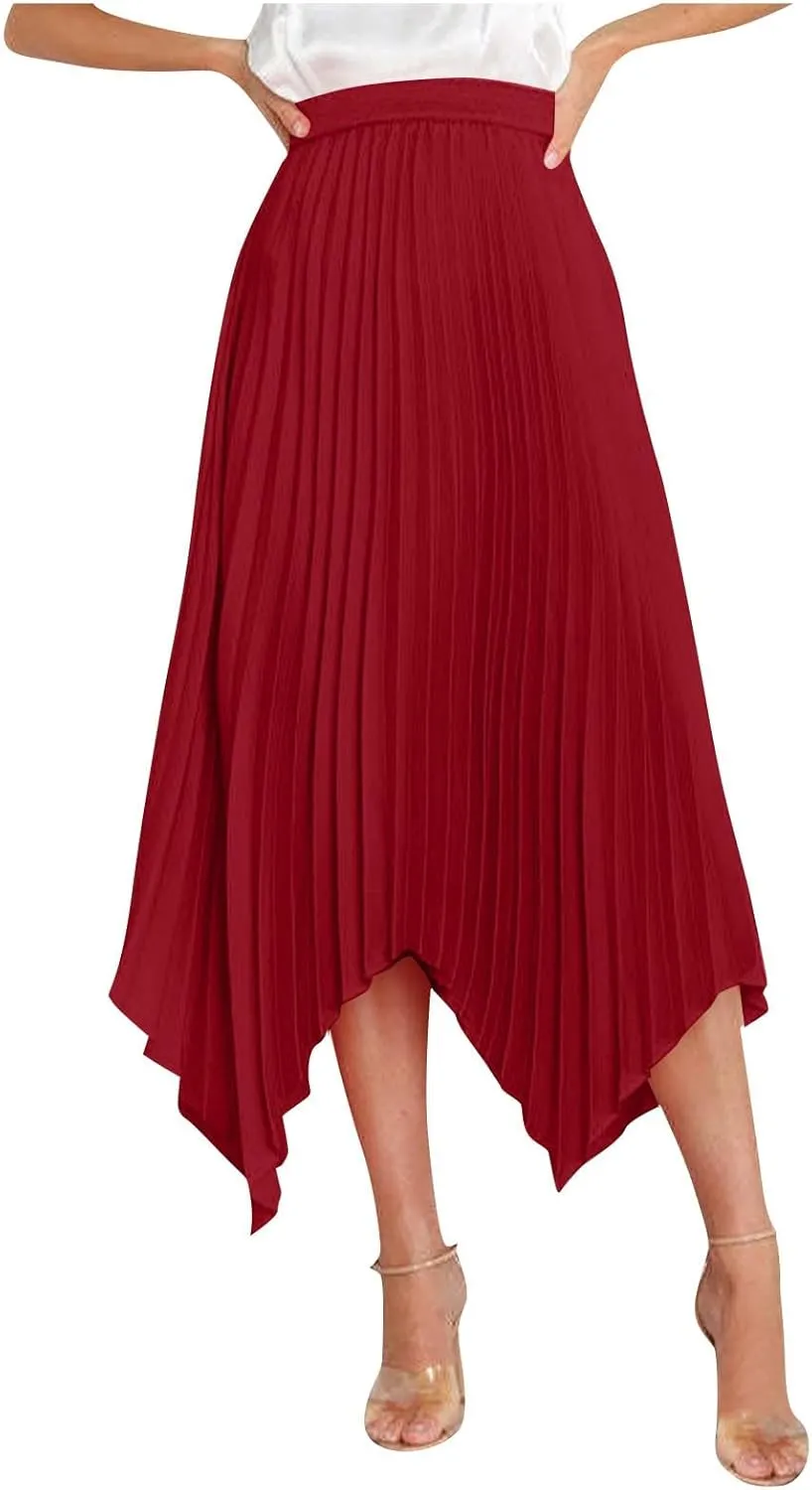 Women's Solid Color High Waisted Midi Skirt, Ruched Casual Irregular Hem Trendy Clothes Summer Going Out Casual Skirts