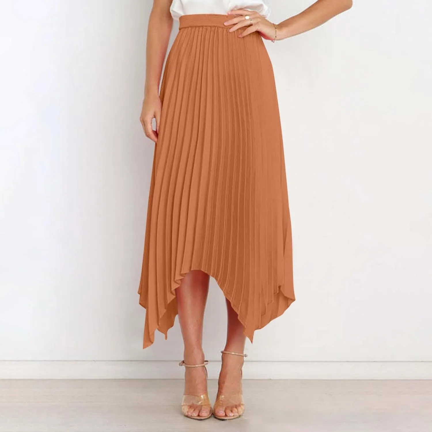Women's Solid Color High Waisted Midi Skirt, Ruched Casual Irregular Hem Trendy Clothes Summer Going Out Casual Skirts