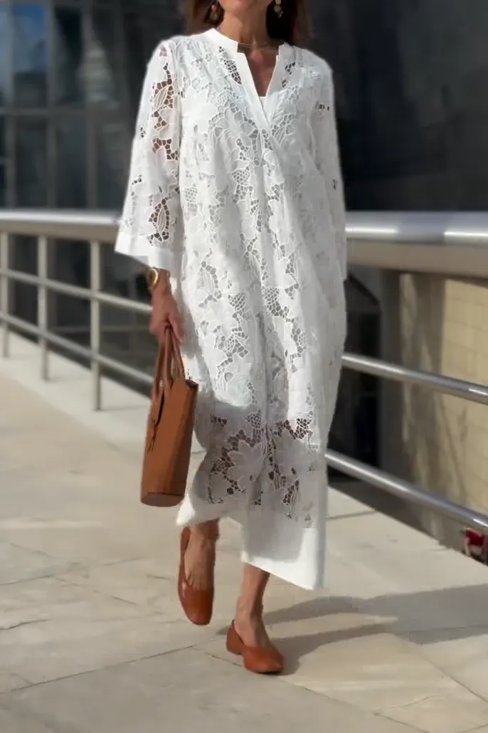 Women's Spring Casual V-Neck Lace Long Dress