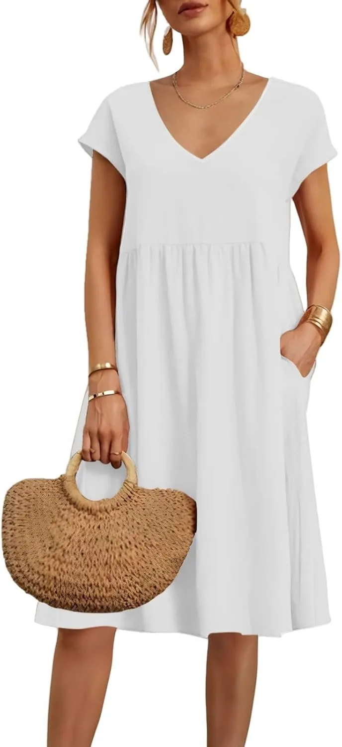 Women's Summer Dresses 2025 Beach Casual Deep V Neck Loose Short Sleeve Mini Sundress with Pockets