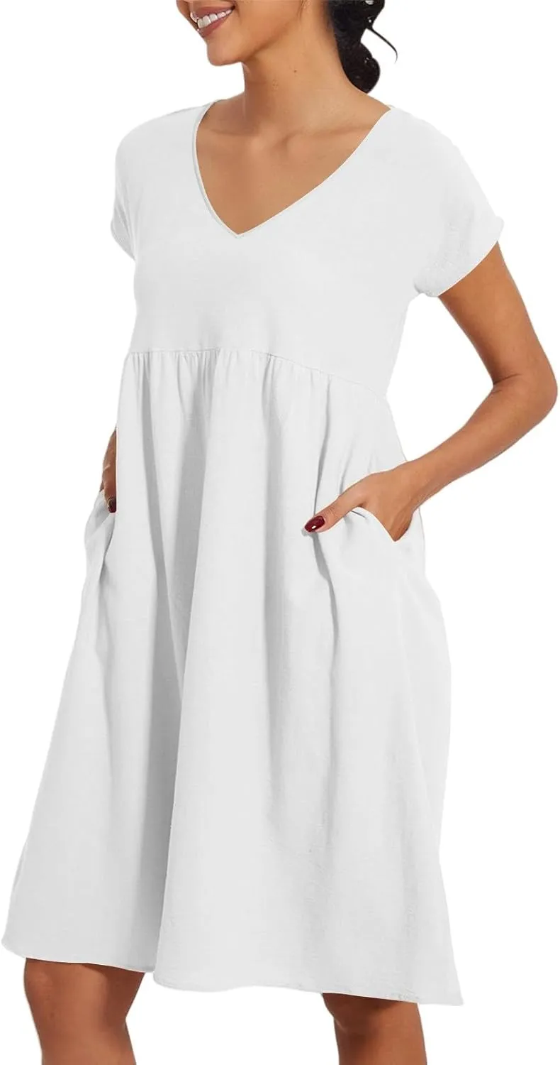 Women's Summer Dresses 2025 Beach Casual Deep V Neck Loose Short Sleeve Mini Sundress with Pockets