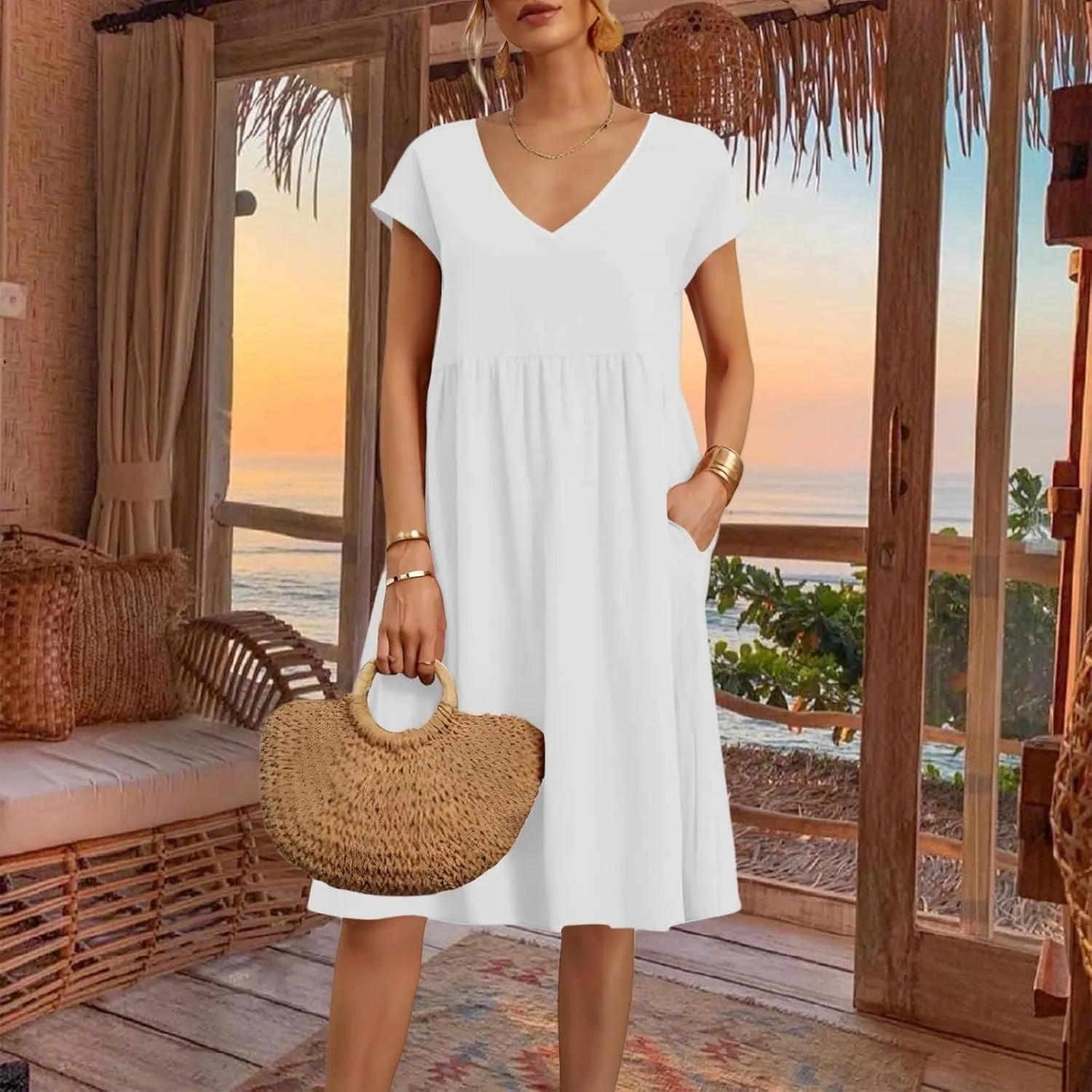 Women's Summer Dresses 2025 Beach Casual Deep V Neck Loose Short Sleeve Mini Sundress with Pockets