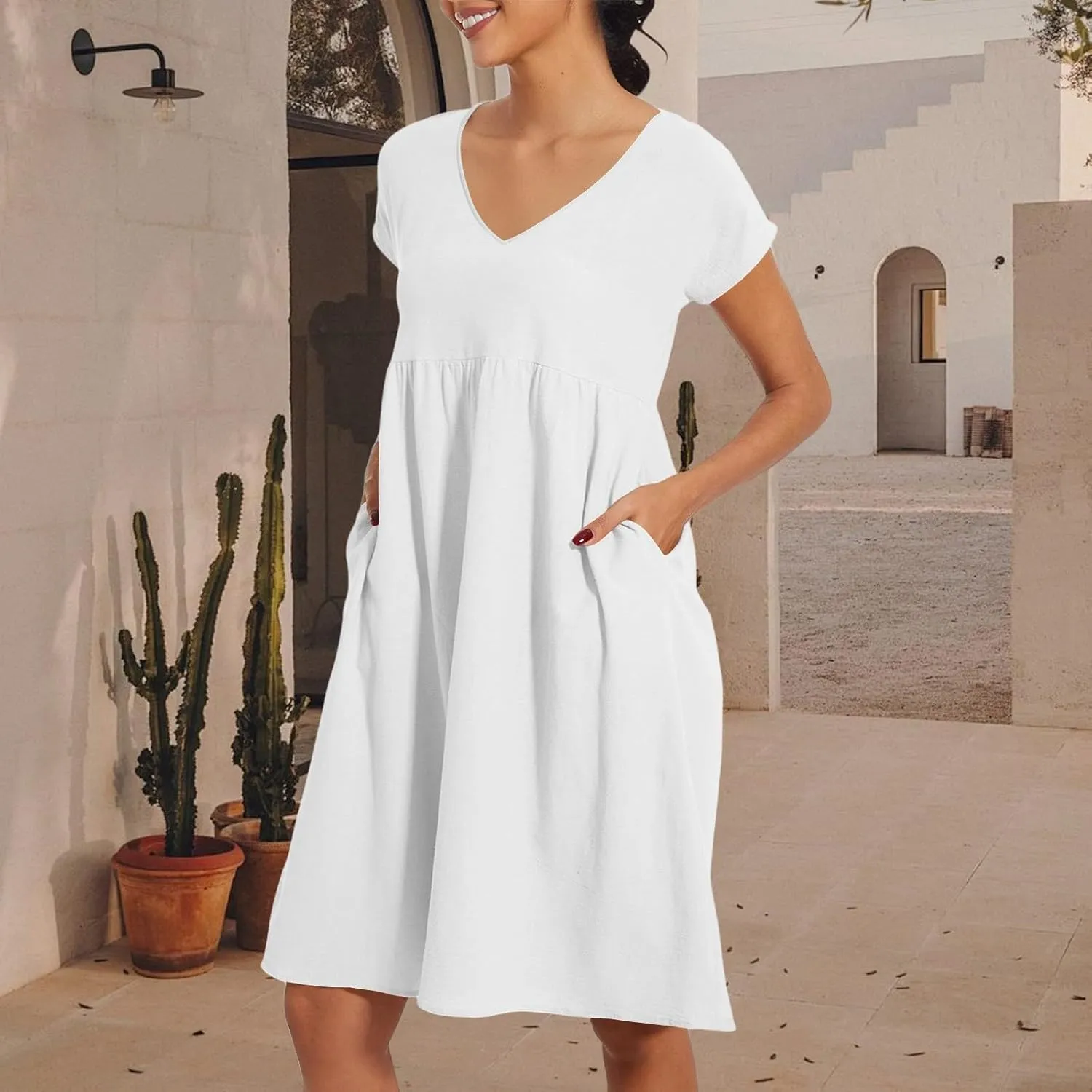 Women's Summer Dresses 2025 Beach Casual Deep V Neck Loose Short Sleeve Mini Sundress with Pockets