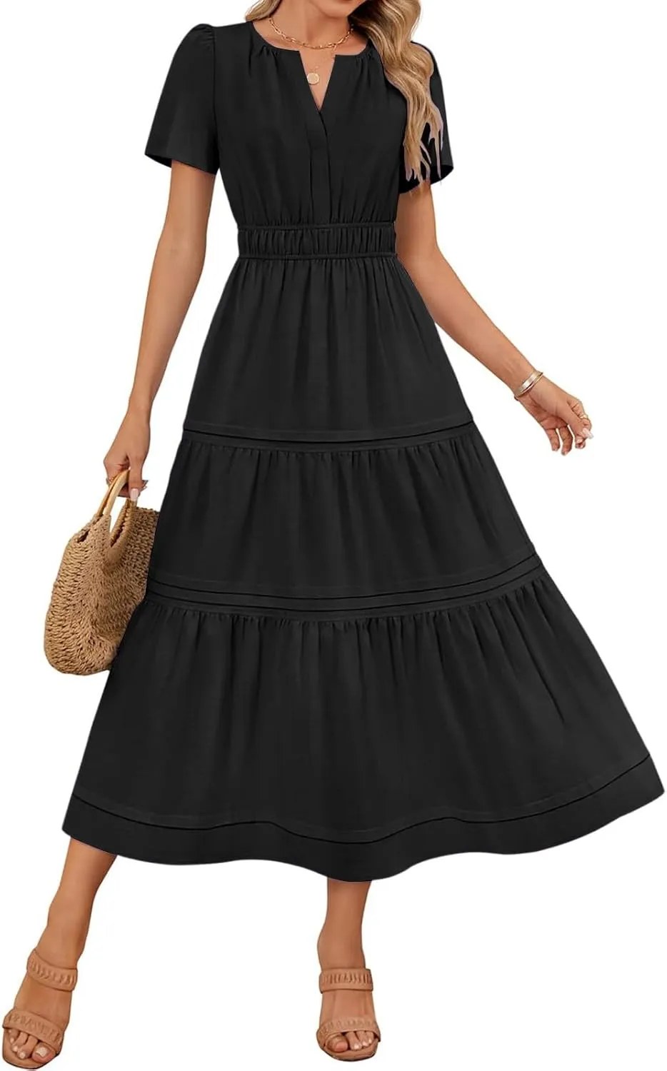 Womens Summer Dresses Casual Short Sleeve V Neck Boho Sundress Tiered Ruffle A-Line Beach Maxi Dress with Pockets