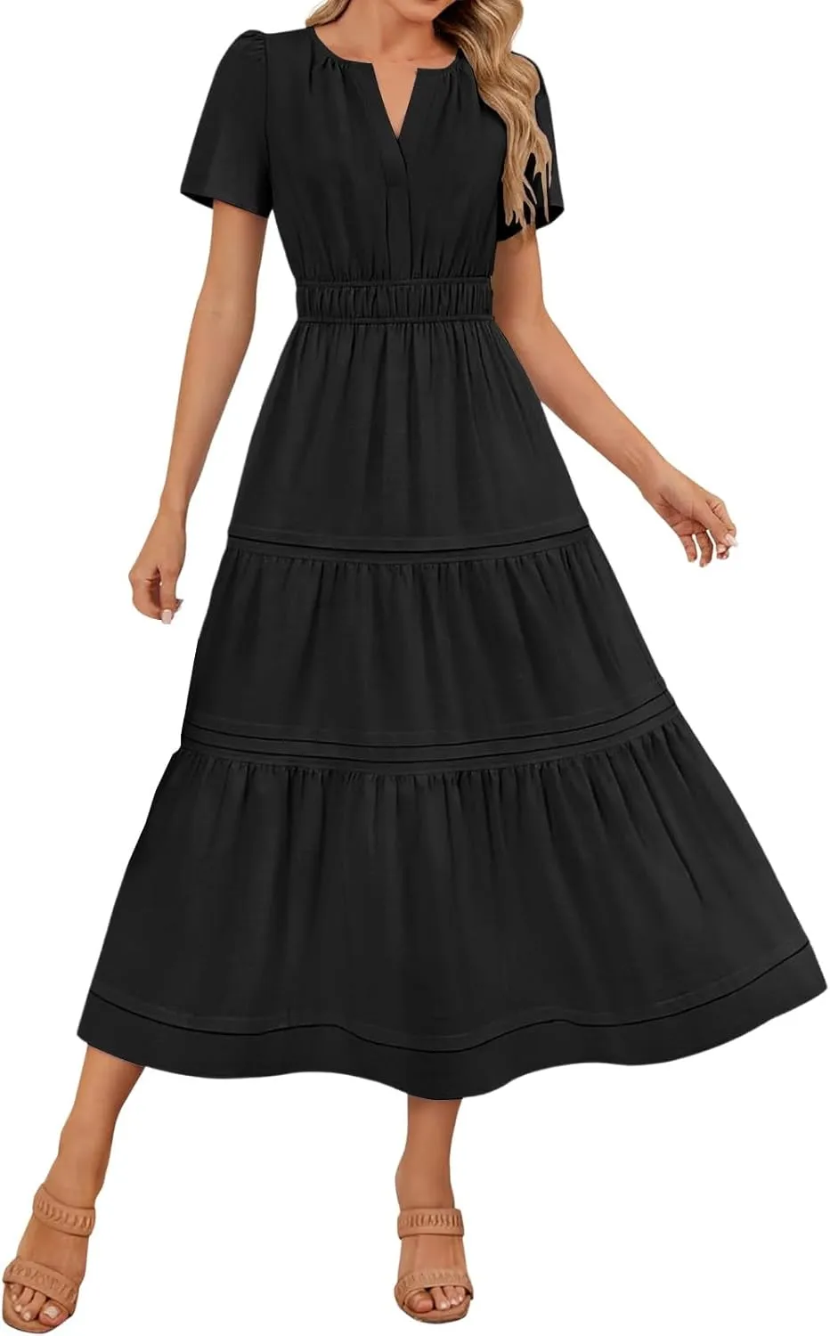 Womens Summer Dresses Casual Short Sleeve V Neck Boho Sundress Tiered Ruffle A-Line Beach Maxi Dress with Pockets