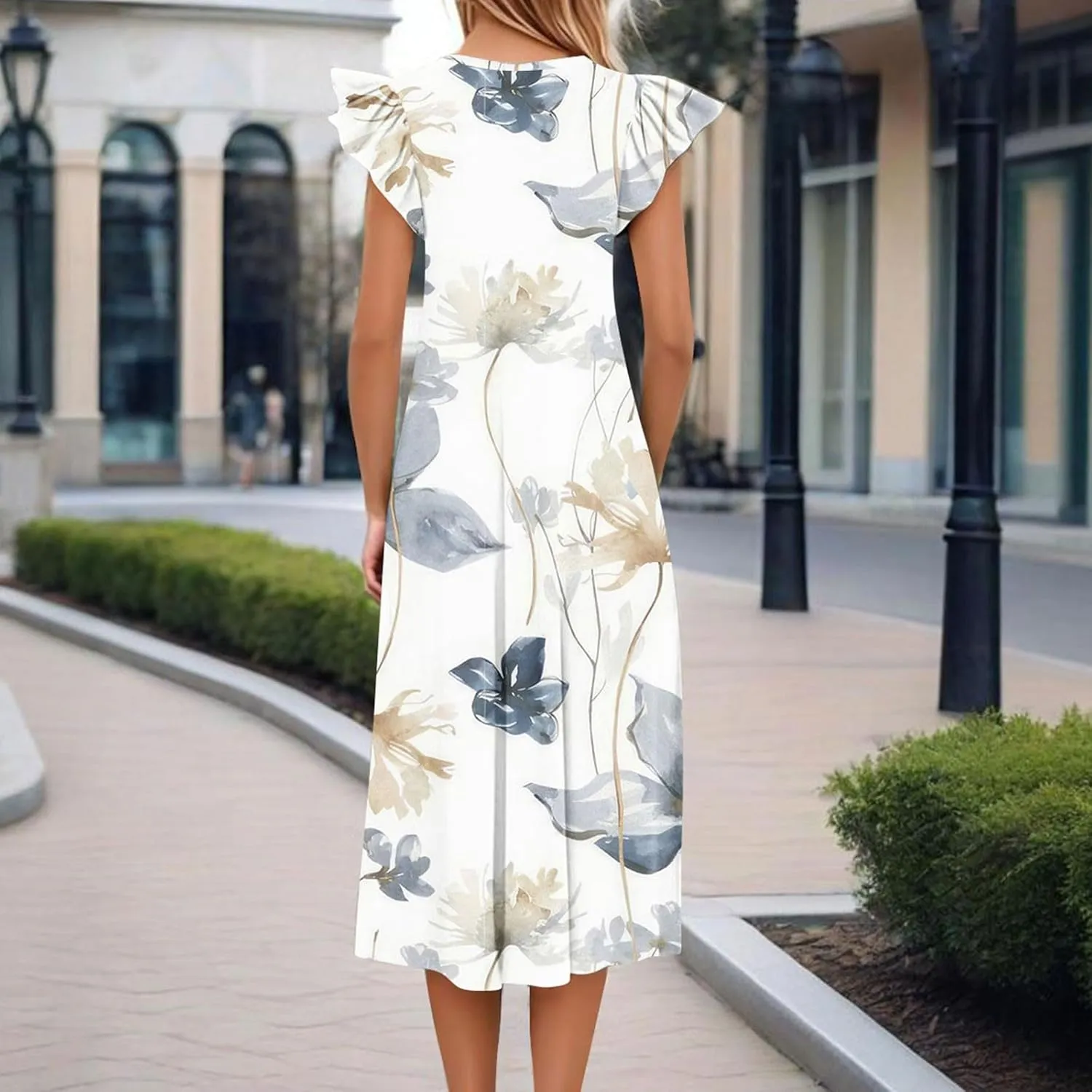 Women's Summer Floral Midi Dresses with Pockets, Flared Sleeve Round Neck Flowy Long Beach Beach Sundress