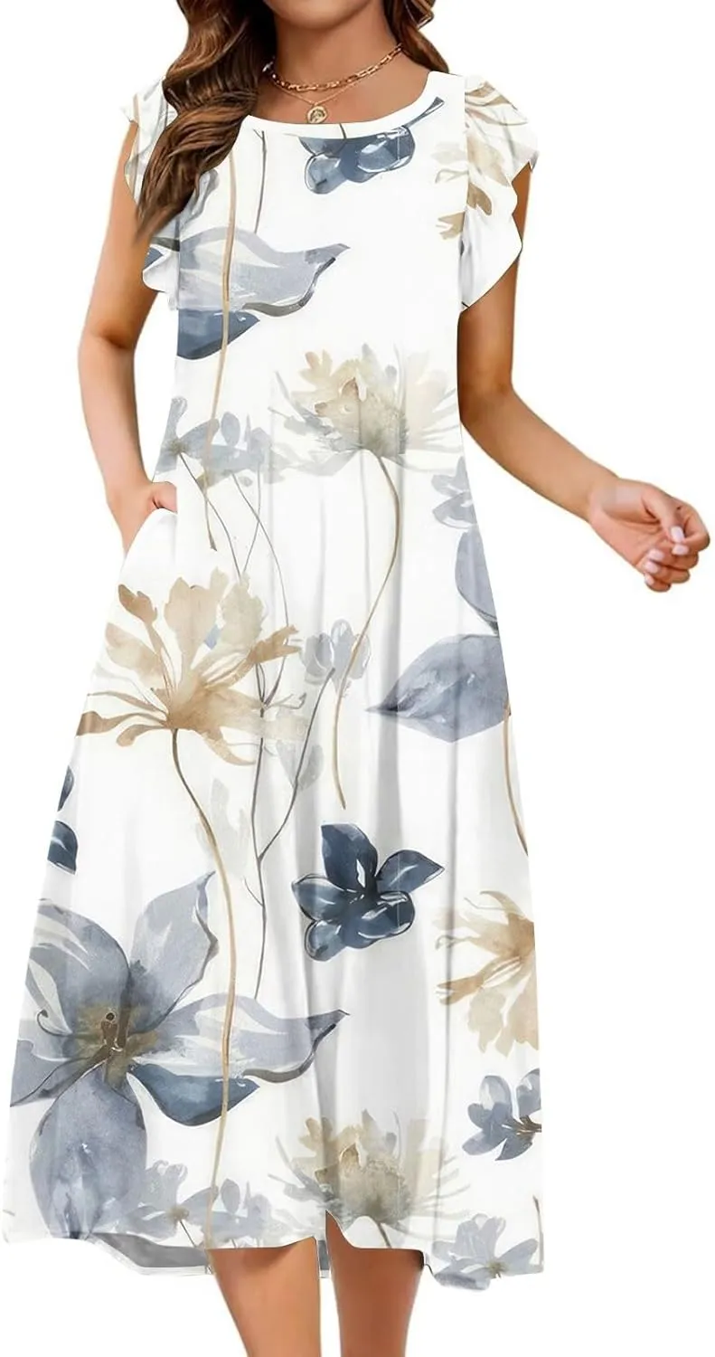 Women's Summer Floral Midi Dresses with Pockets, Flared Sleeve Round Neck Flowy Long Beach Beach Sundress