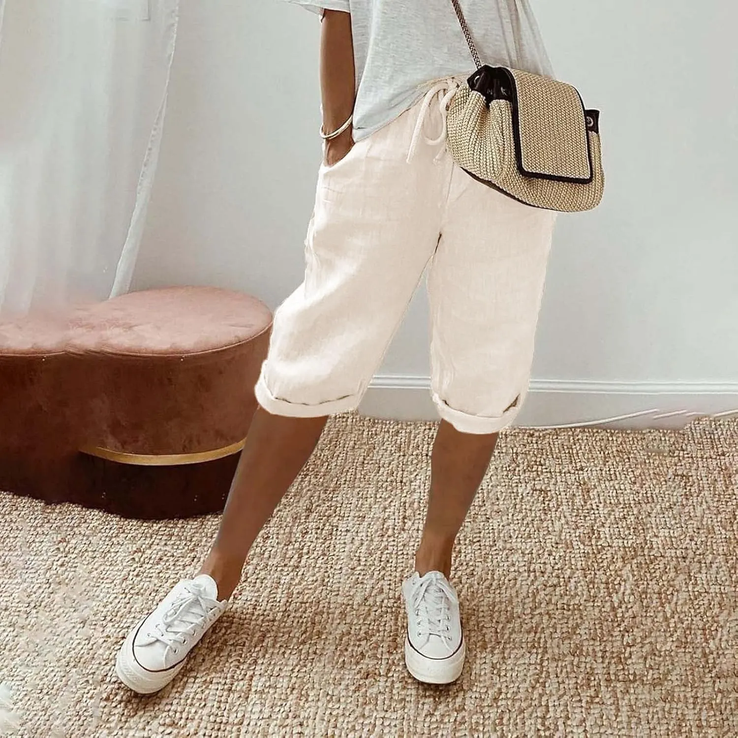 Womens Sweat Pants Loose Pants Comfy Work Pants with Elastic High Waist Paper Bag Drawstring Pant Comfy High Waisted