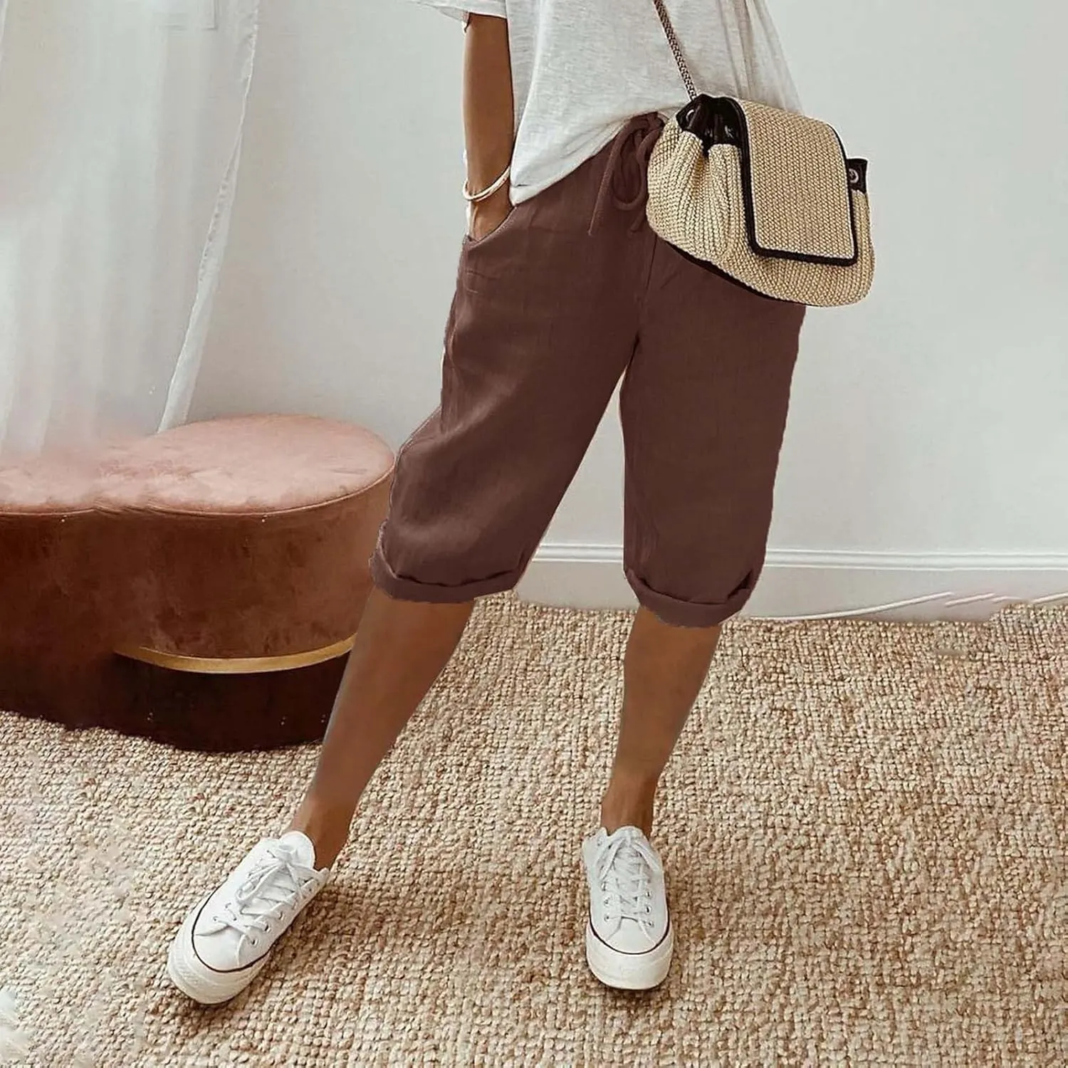 Womens Sweat Pants Loose Pants Comfy Work Pants with Elastic High Waist Paper Bag Drawstring Pant Comfy High Waisted