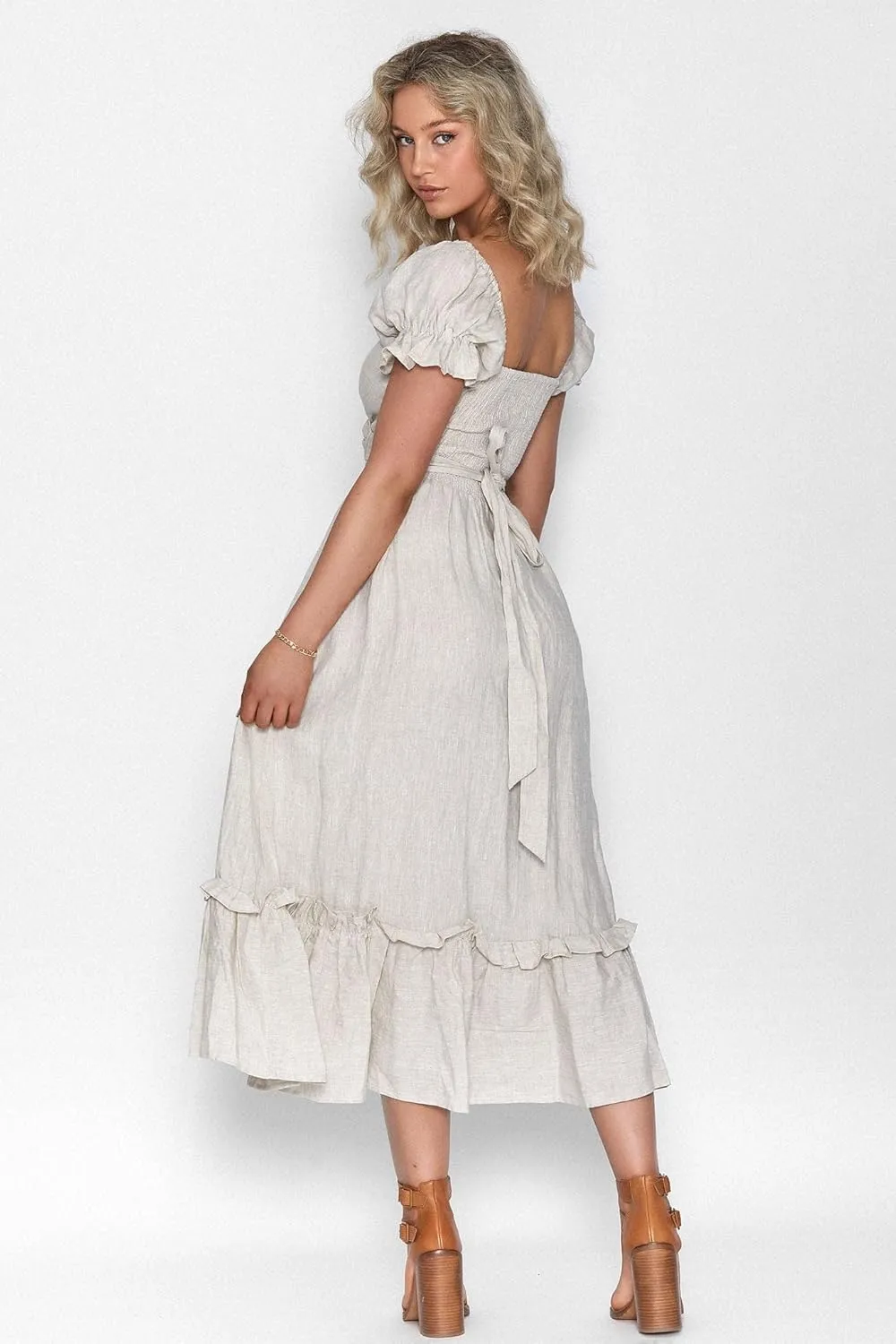 ZAFUL 2023 Boho Maxi Dress for Women A Line Tie Waist Summer Dress Deep V Neck Smocked Wrap Dress